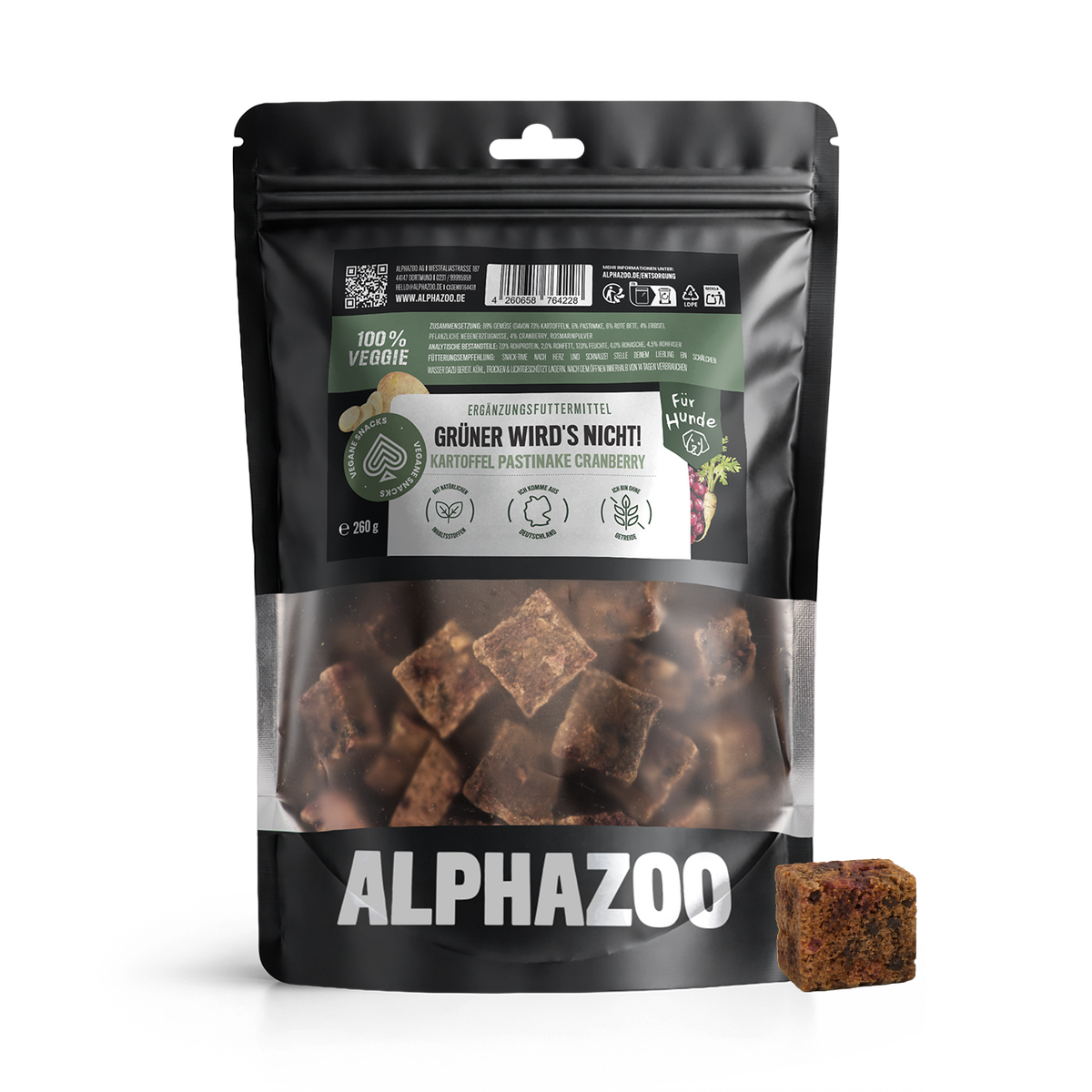 Grüner wird's nicht! Veggie Snacks für Hunde in 260g-Packung mit Kartoffeln, Pastinaken und Cranberry.