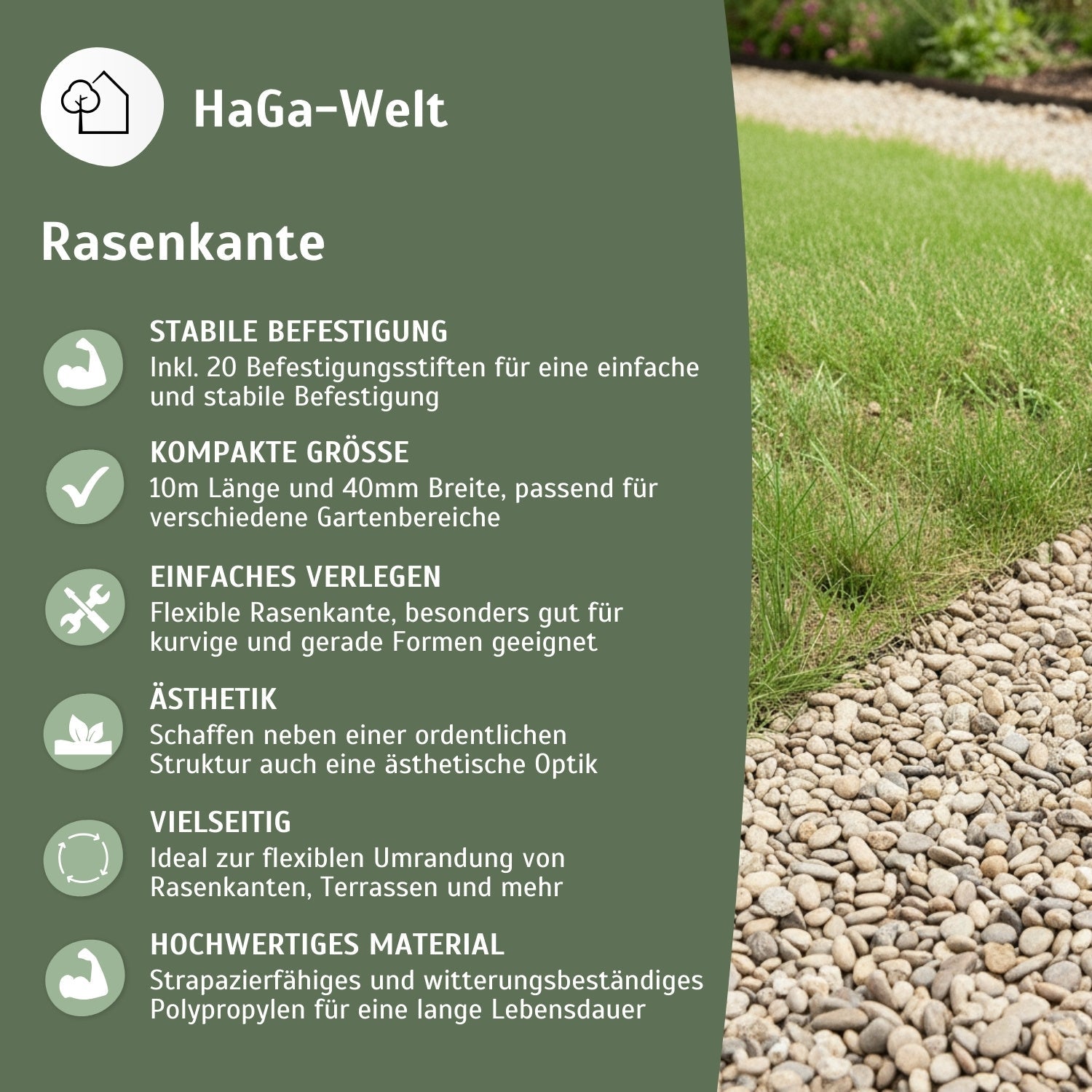 Rasenkante, flexibel 10 m x 40 mm mit 20 Befestigungstiften – Beeteinfassung leicht gemacht