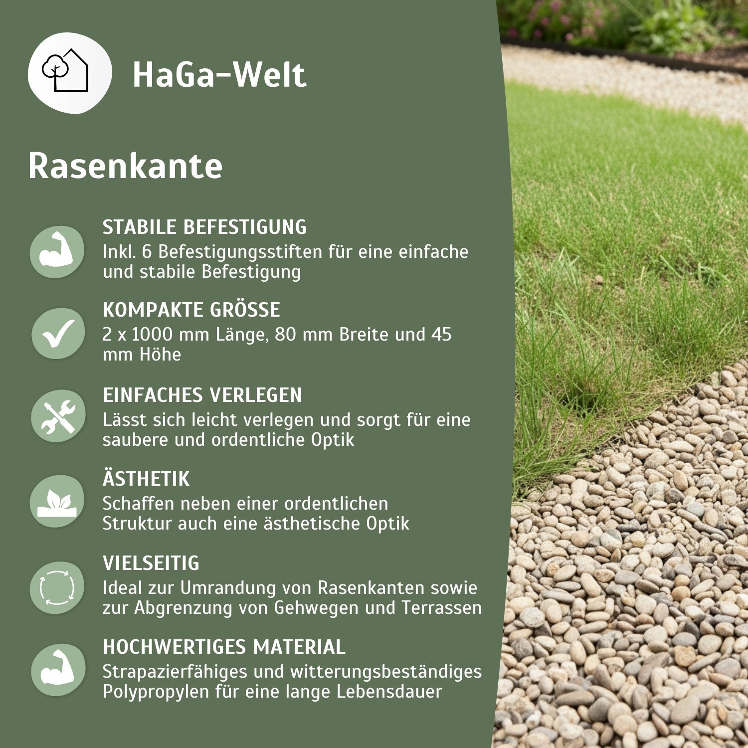 Rasenkante, 1000 mm x 80 mm x 45 mm 2 Stück – stabile Beeteinfassung für gerade Linien