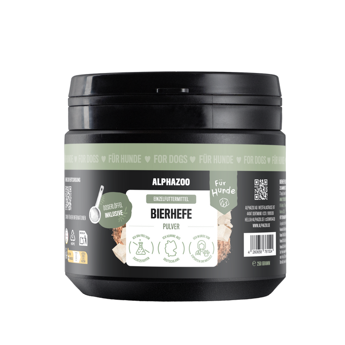 Bierhefe Pulver für Hunde in einer 250g Dose von Alphazoo, unterstützt die Gesundheit von Hunden mit B-Vitaminen.
