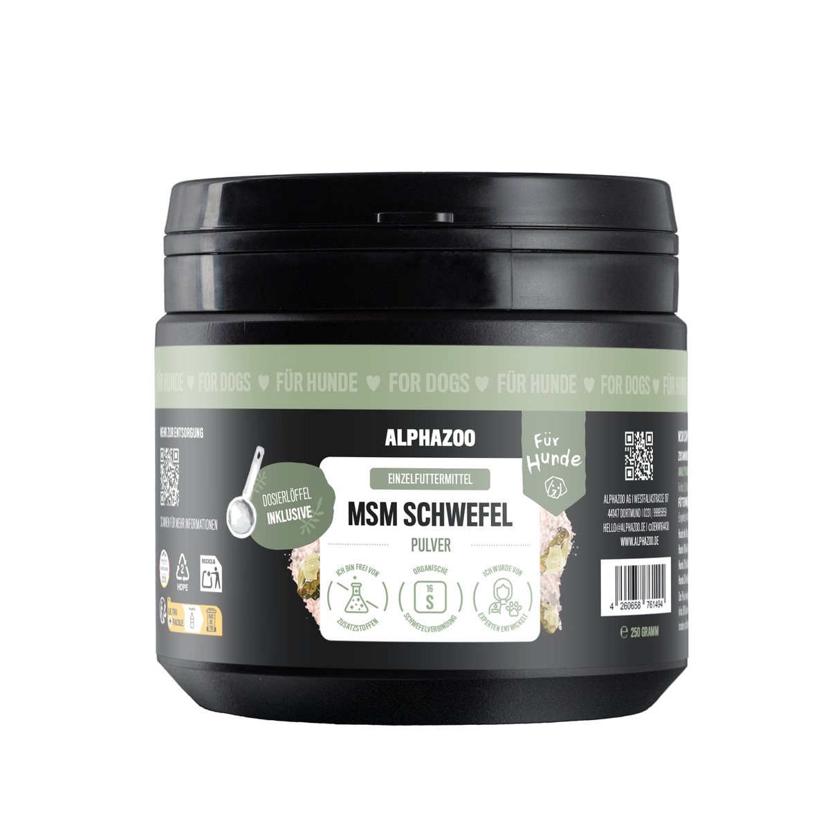 MSM Pulver für Hunde 250g von Alphazoo, organisches Schwefelpulver zur Unterstützung der Hundegesundheit.