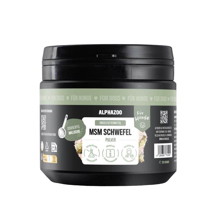 MSM Pulver für Hunde 250g von Alphazoo, organisches Schwefelpulver zur Unterstützung der Hundegesundheit.