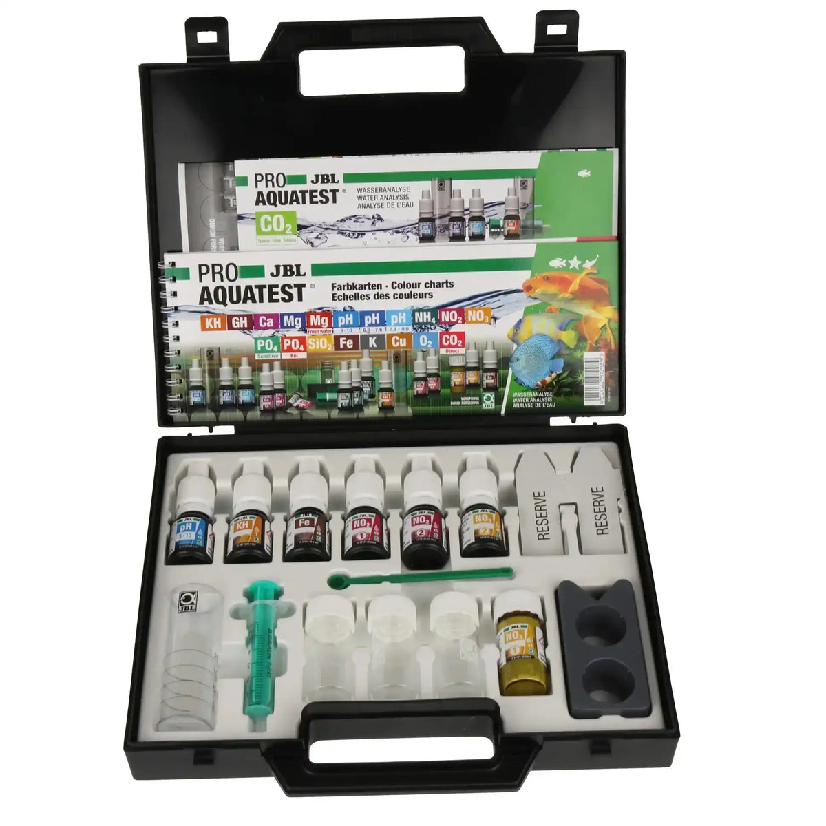 JBL ProaquaTest CombiSet Plus Fe Aquarium Wasserwerte Testkit Mit PH KH NO2 NO3 Fe CO2 Tabelle Reagenzien Case