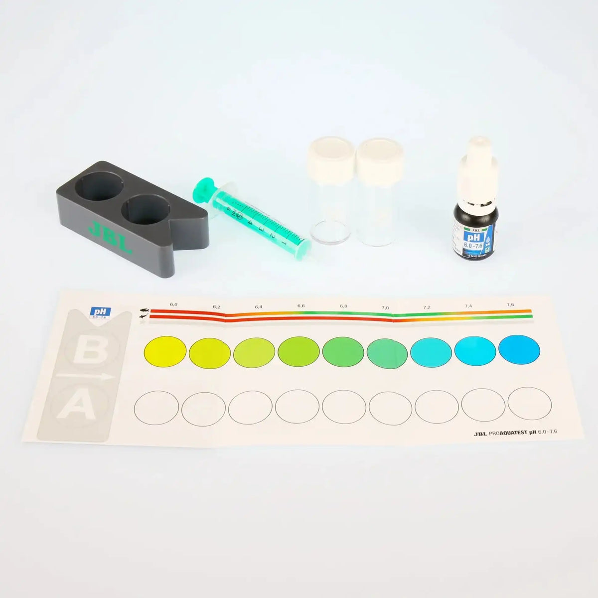 JBL ProAquaTest pH 6,0-7,6 Aquariumtest Kit Mit Schnelltest Reagens Zwei Glas Küvetten Farbumschlagskala