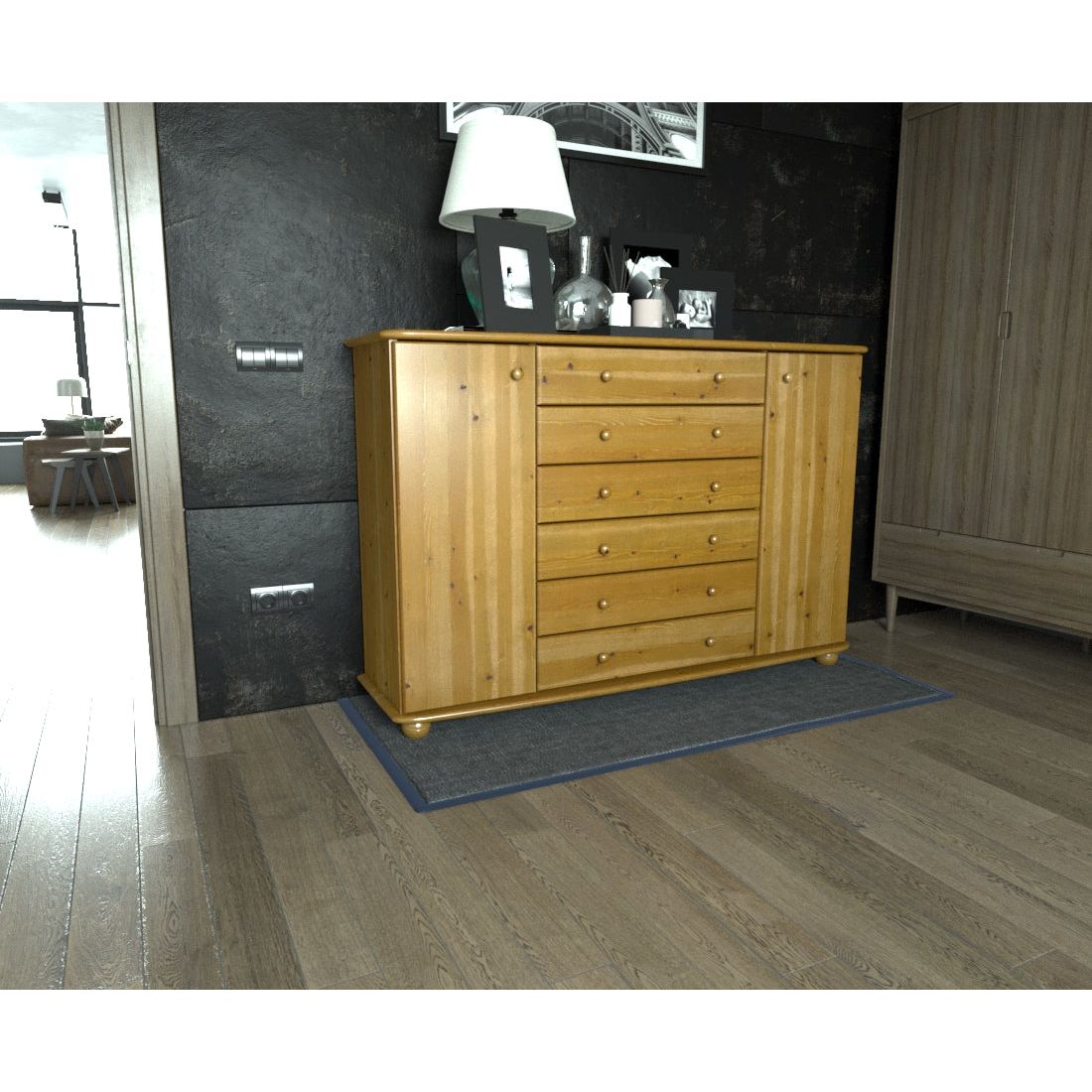 Anika Kommode XL Sideboard | Anrichte | 2-Türig | 6-Schubladen | 100% Bio Kiefer Massivholz