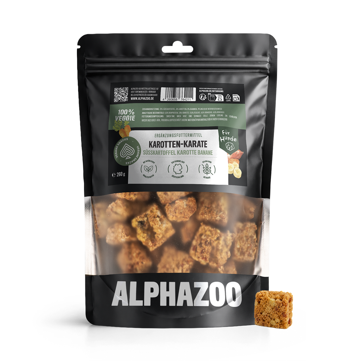 Karotten-Karate von alphazoo in 260g Packung, vegetarische Snacks mit Süßkartoffel, Karotte und Banane für Hunde.