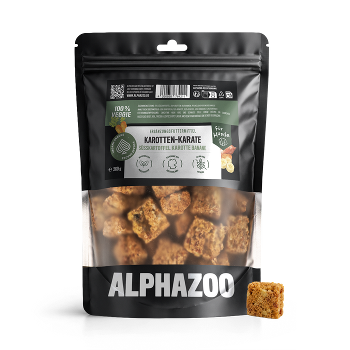 Karotten-Karate von alphazoo in 260g Packung, vegetarische Snacks mit Süßkartoffel, Karotte und Banane für Hunde.