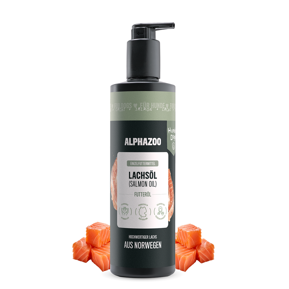 Lachsöl für Hunde von alphazoo, hochwertige 500ml Flasche mit norwegischem Lachs, fördert gesunde Omega-3-Fettsäuren.