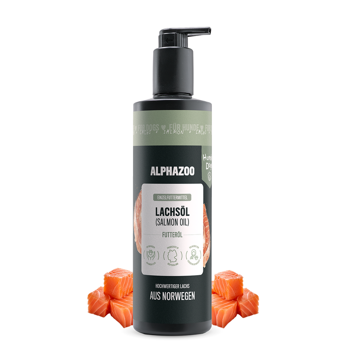 Lachsöl für Hunde von alphazoo, hochwertige 500ml Flasche mit norwegischem Lachs, fördert gesunde Omega-3-Fettsäuren.