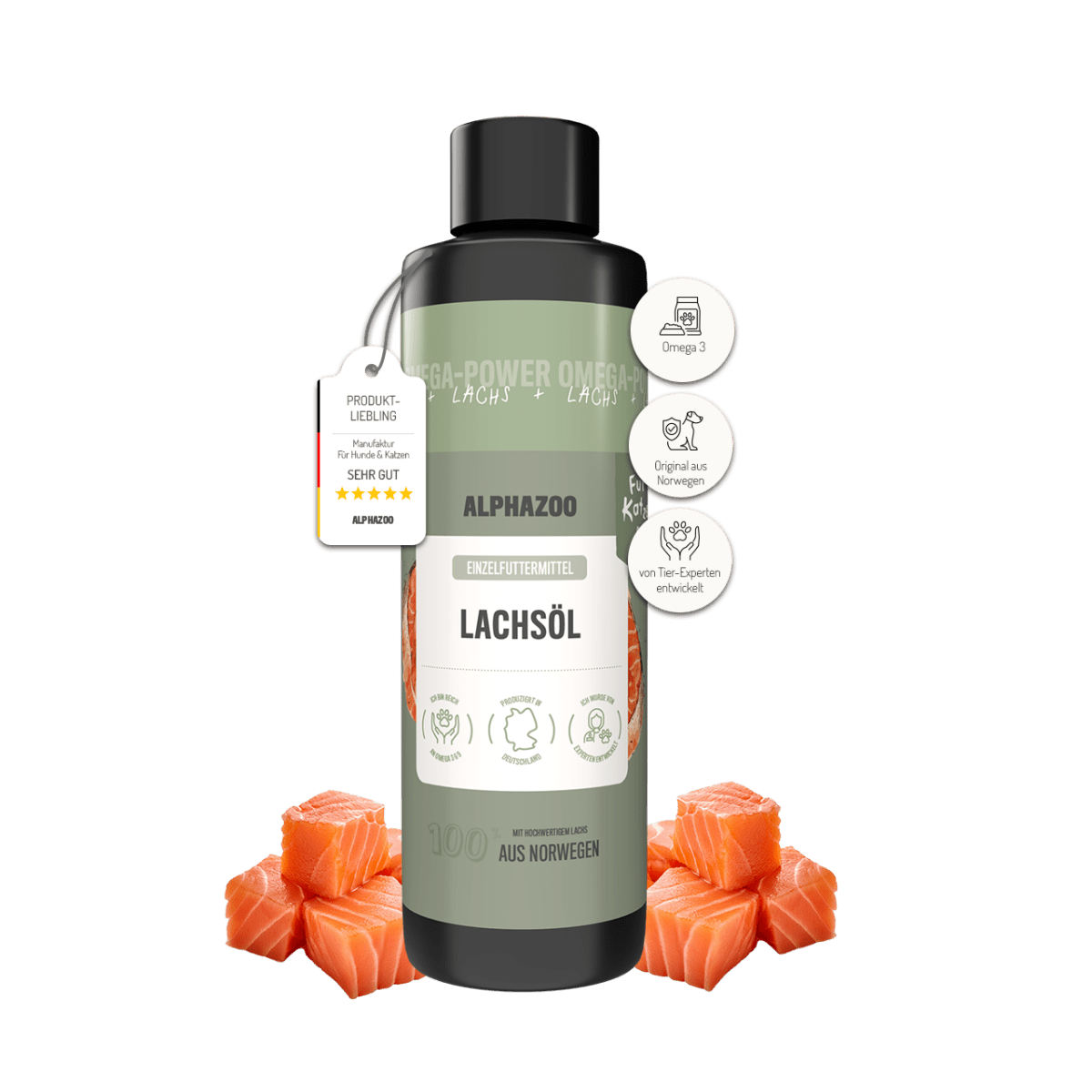 Lachsöl für Katzen 250ml von Alphazoo, optimale Quelle für Omega-3-Fettsäuren aus norwegischem Lachs.