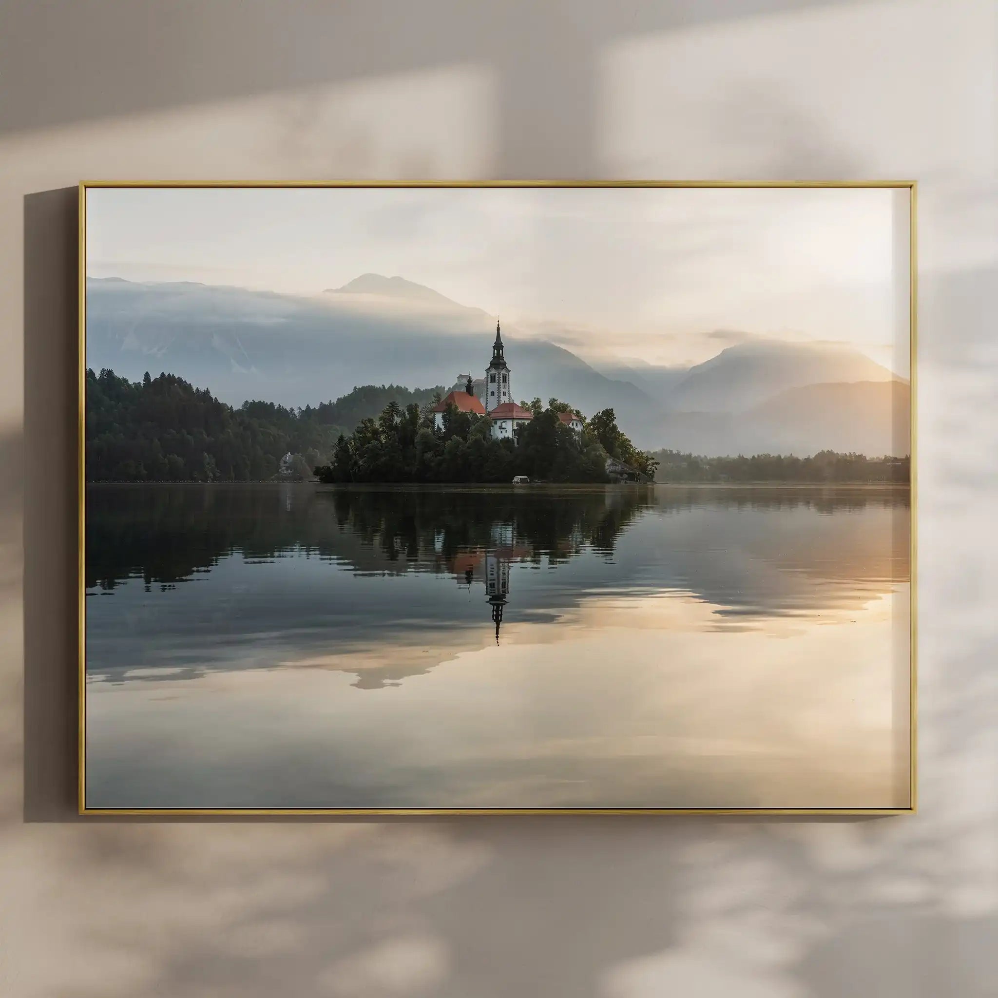 Lake Bled Sunrise Wall Art – Island Church & Reflections Print by Chamonix Prints