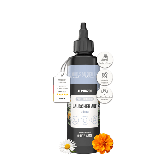 Lauscher-Auf Ohrenreiniger für Hunde, pflanzlicher Ohrreiniger in 250ml Flasche von alphazoo.