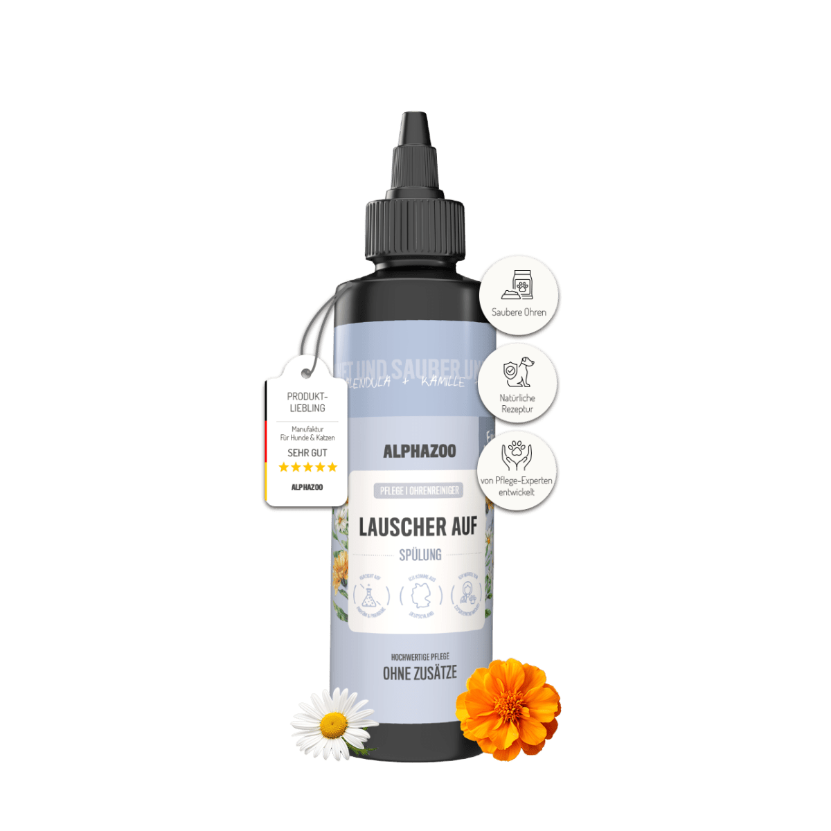 alphazoo Lauscher-Auf Ohrenreiniger für Katzen 250ml mit natürlicher Rezeptur für saubere Ohren.