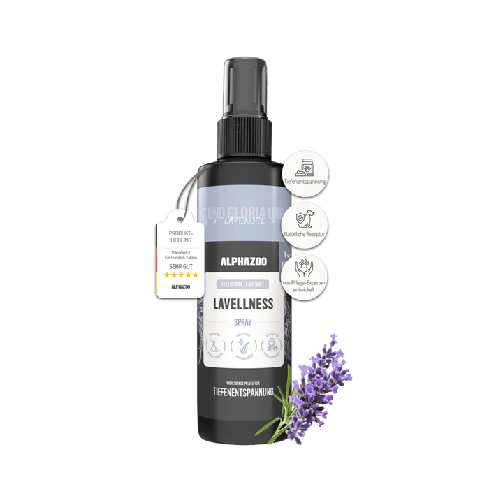 Lavellness Fellspray für Hunde in 250ml Flasche mit Lavendel für glänzendes, gepflegtes Fell.