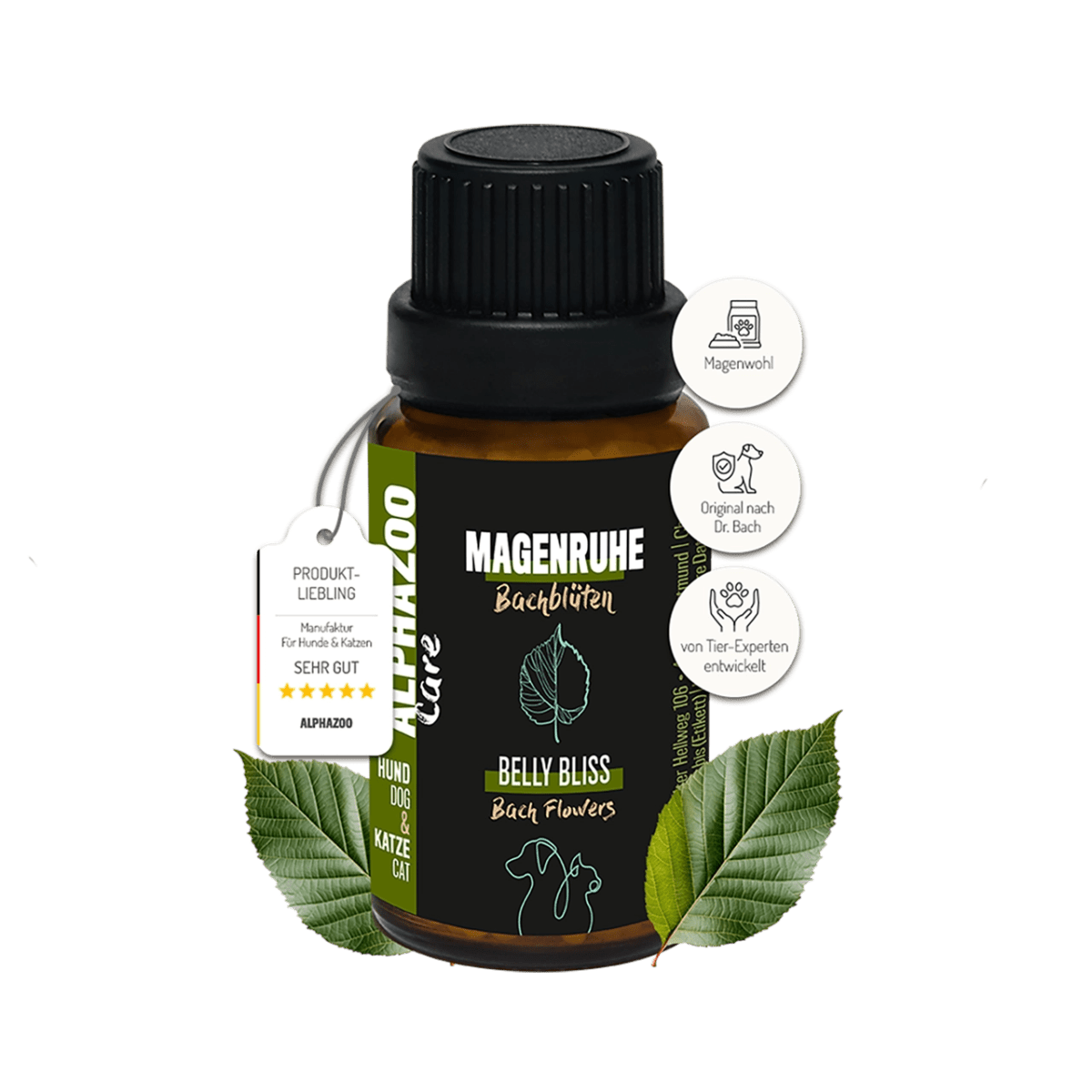 Magenruhe Bachblüten 15g Flasche für Hunde und Katzen, mit ausgewählten Bachblütenessenzen für Magenwohl.