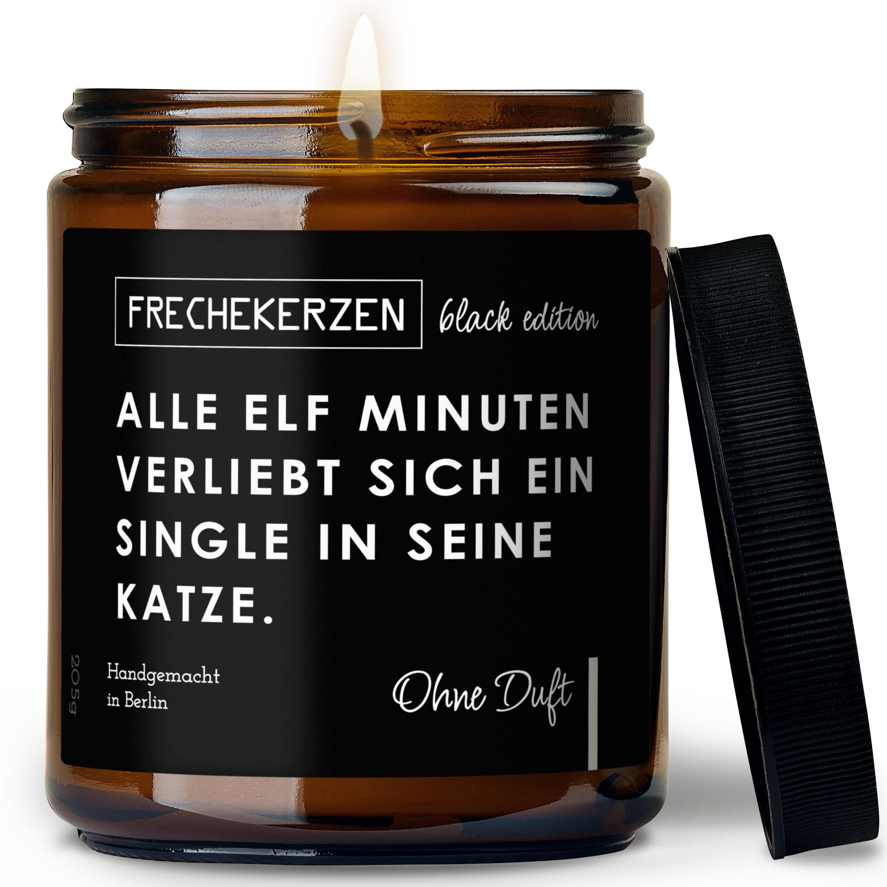 Original Frechekerzen Black Edition Duftkerze Im Glas Spruch Alle Elf Minuten Verliebt Sich Ein Single In Seine Katze