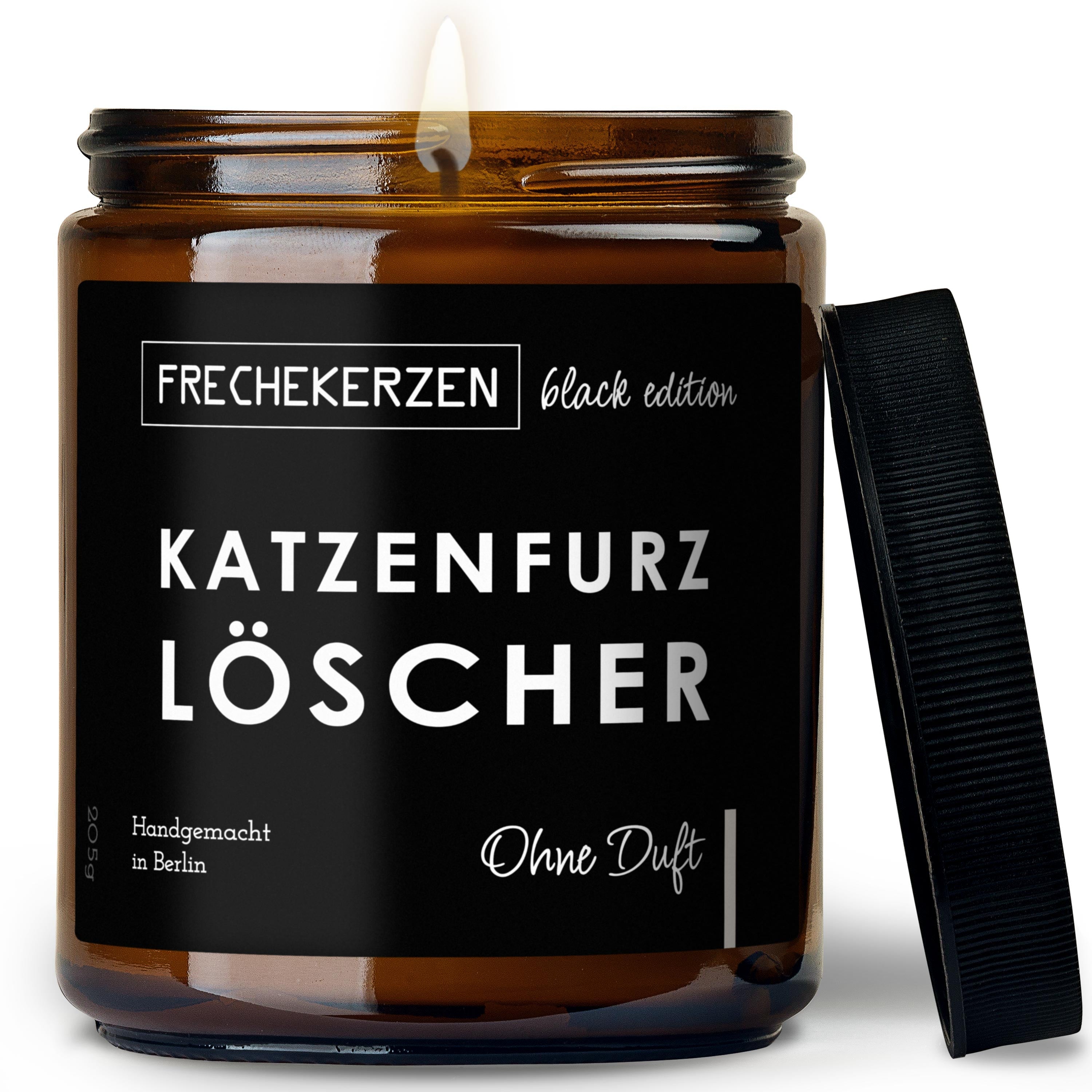 Original FRECHEKERZEN Black Edition Duftkerze Im Glas Mit Spruch Katzenfurz Löscher