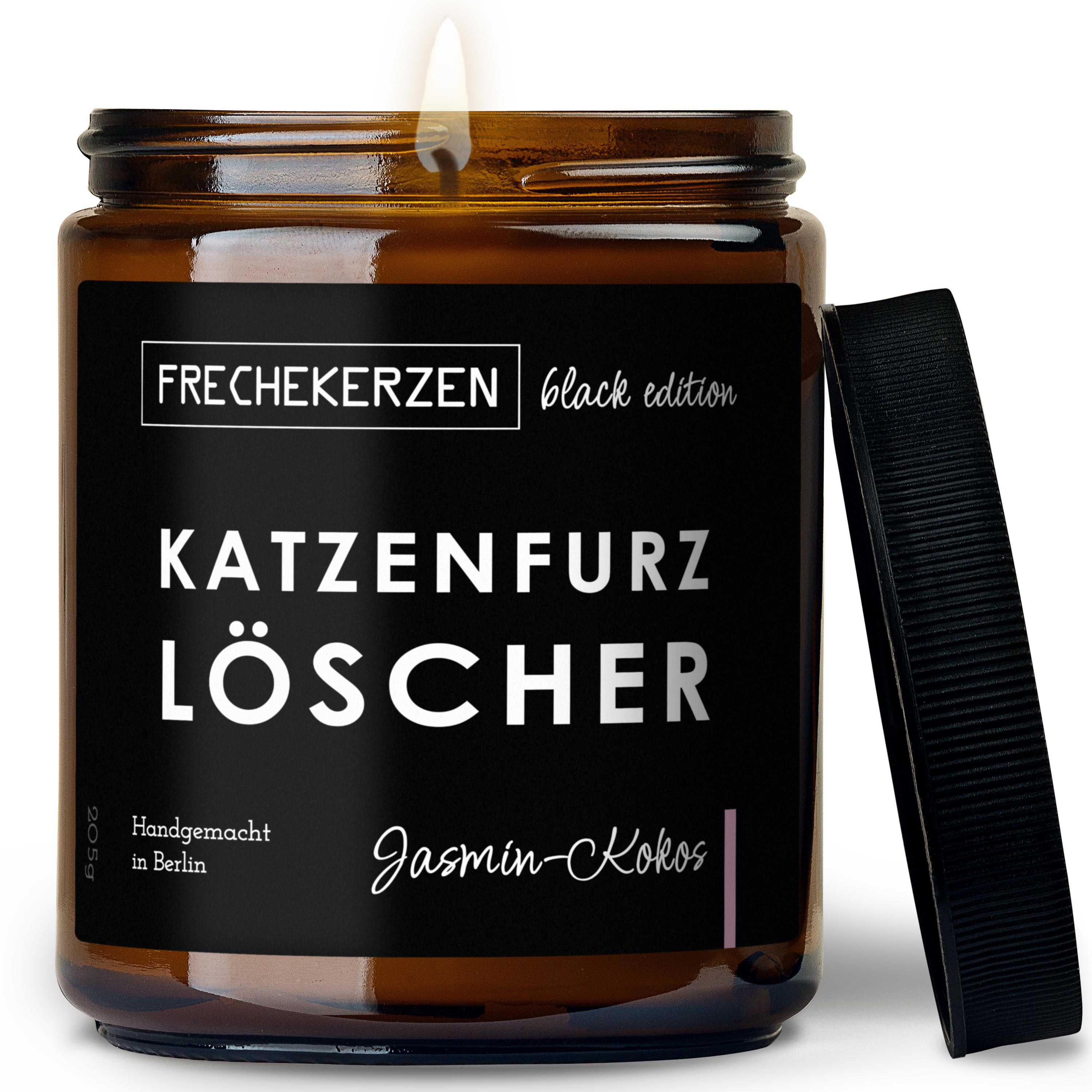 Original FRECHEKERZEN Black Edition Duftkerze Im Glas Mit Spruch Katzenfurz Löscher
