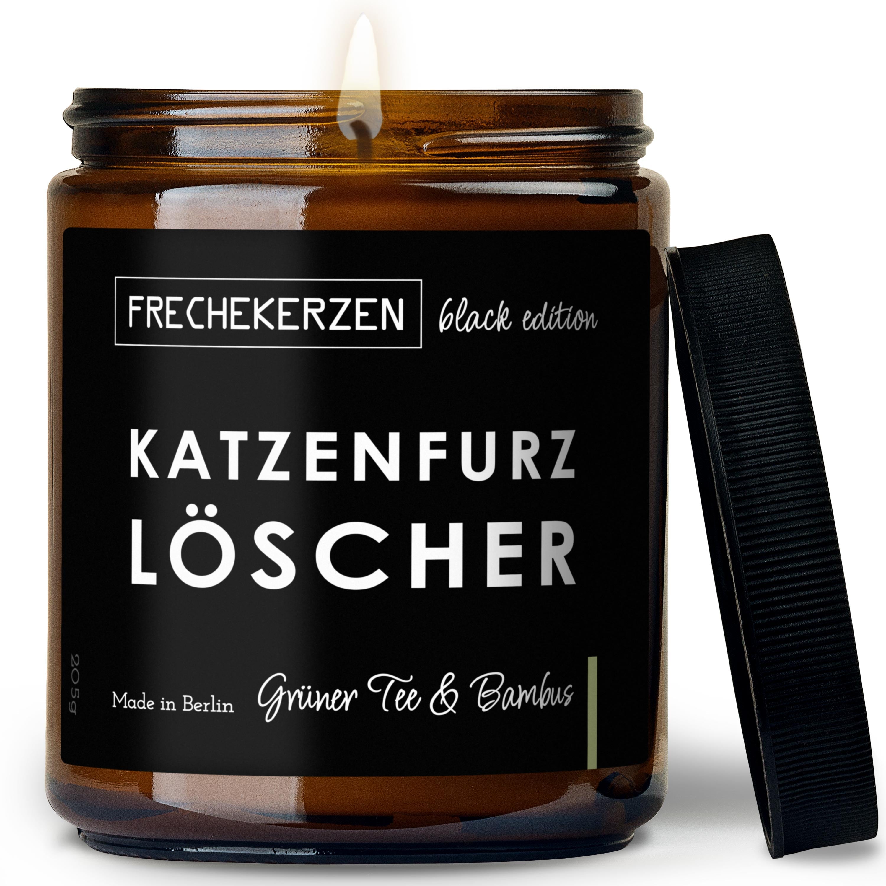 Original FRECHEKERZEN Black Edition Duftkerze Im Glas Mit Spruch Katzenfurz Löscher
