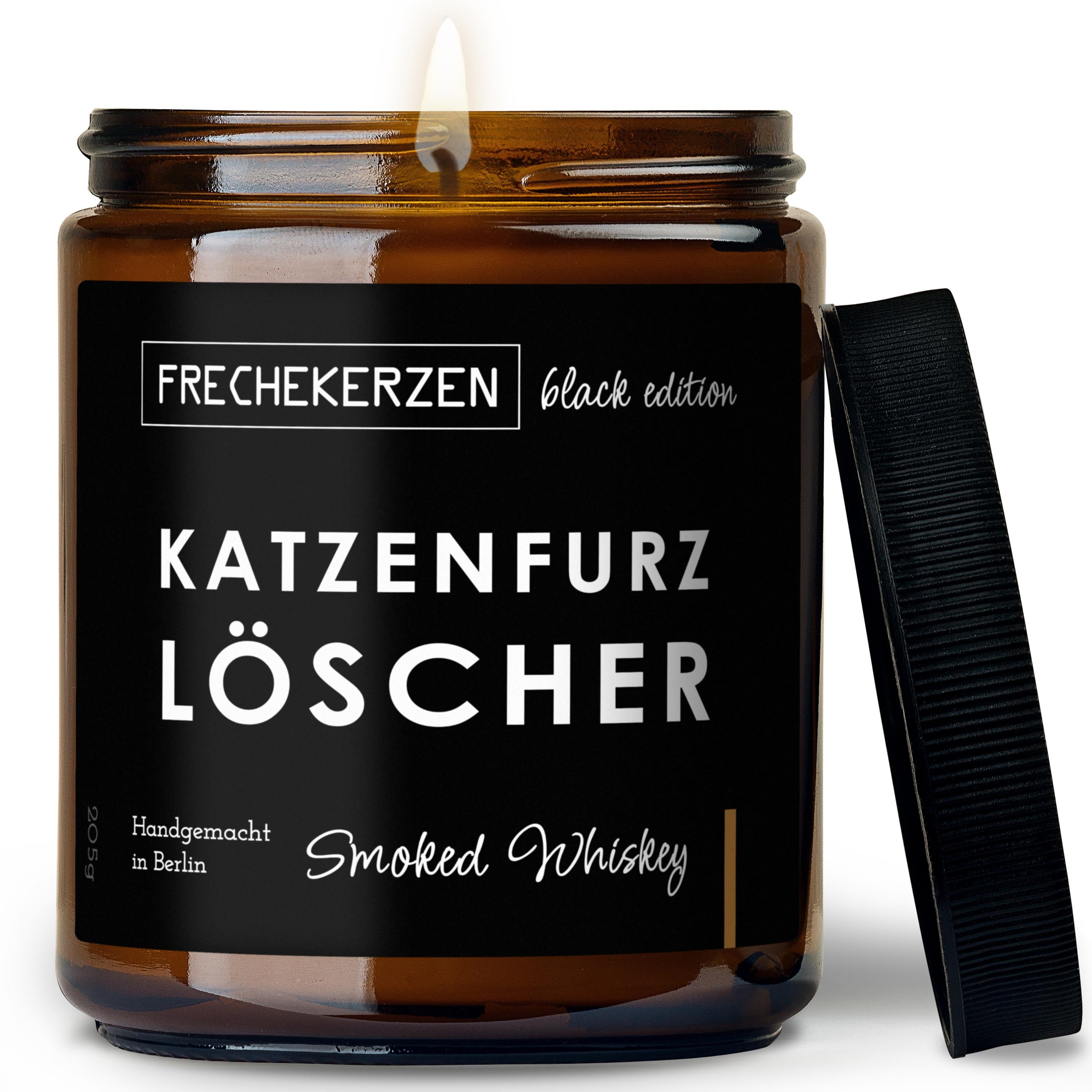 Original FRECHEKERZEN Black Edition Duftkerze Im Glas Mit Spruch Katzenfurz Löscher