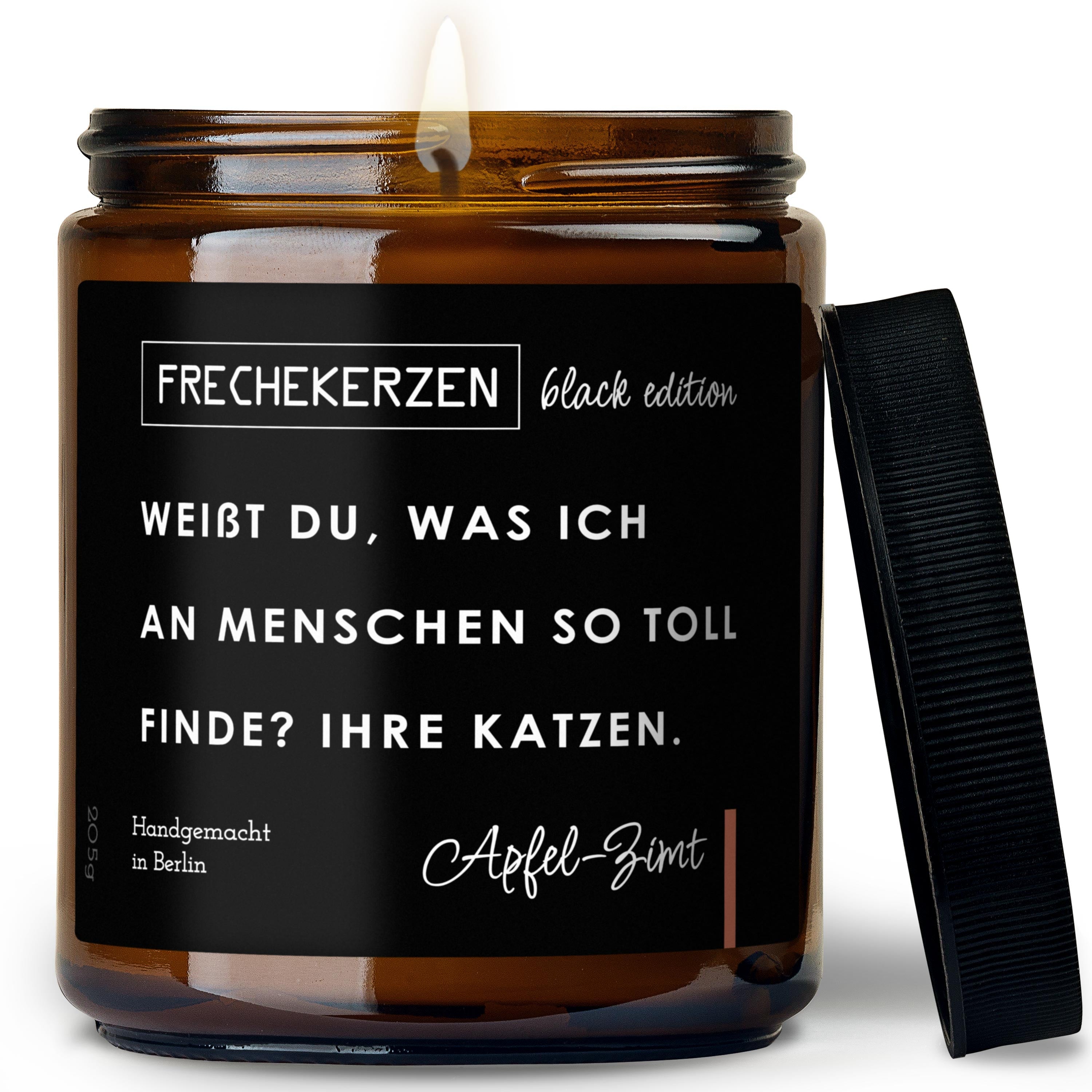 Original FRECHEKERZEN Black Edition Duftkerze im Glas mit Spruch: Weißt du, was ich an Menschen so toll finde? Ihre Katzen.