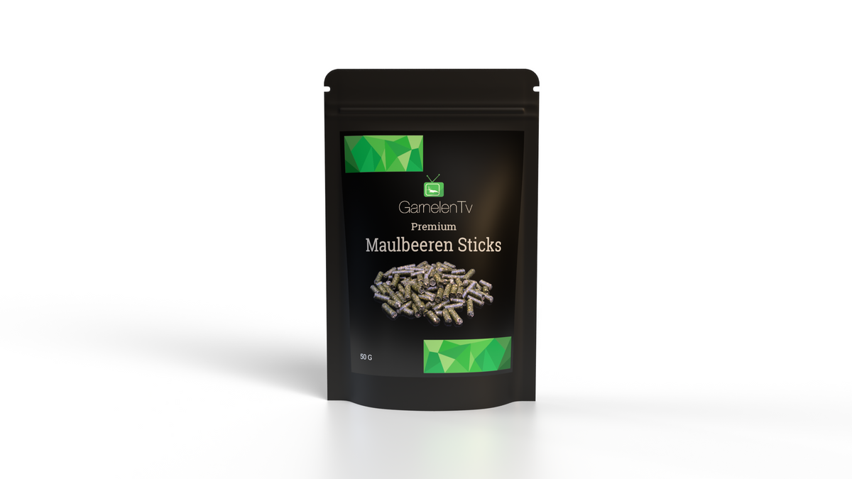 Premium Maulbeeren Sticks 50g in einer schwarzen Verpackung mit Sichtfenster und grünen Akzenten