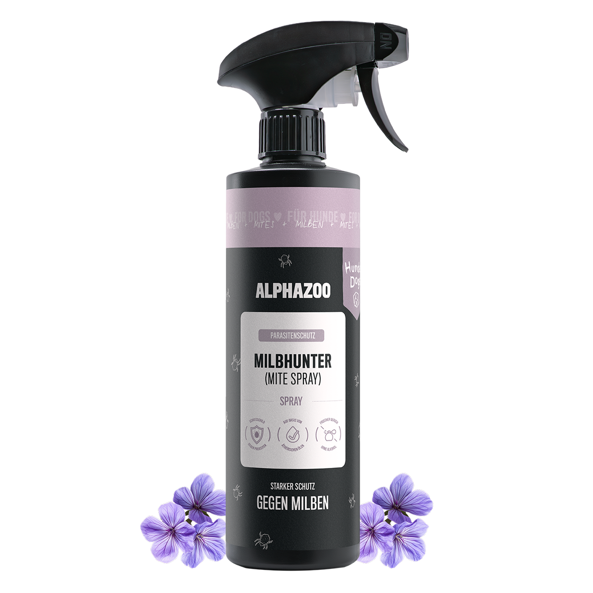 MilbHunter Milbenspray für Hunde 500ml von alphazoo, pflanzenbasiertes Anti-Milbenmittel mit Geraniol und Zitronen-Eukalyptus-Öl.