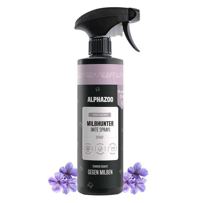 MilbHunter Milbenspray für Hunde 500ml von alphazoo, pflanzenbasiertes Anti-Milbenmittel mit Geraniol und Zitronen-Eukalyptus-Öl.