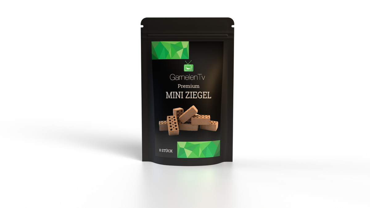 Premium Mini Ziegel "Chocolate" in Packung mit dekorativen Aquariensteinen für Garnelenaquarien.