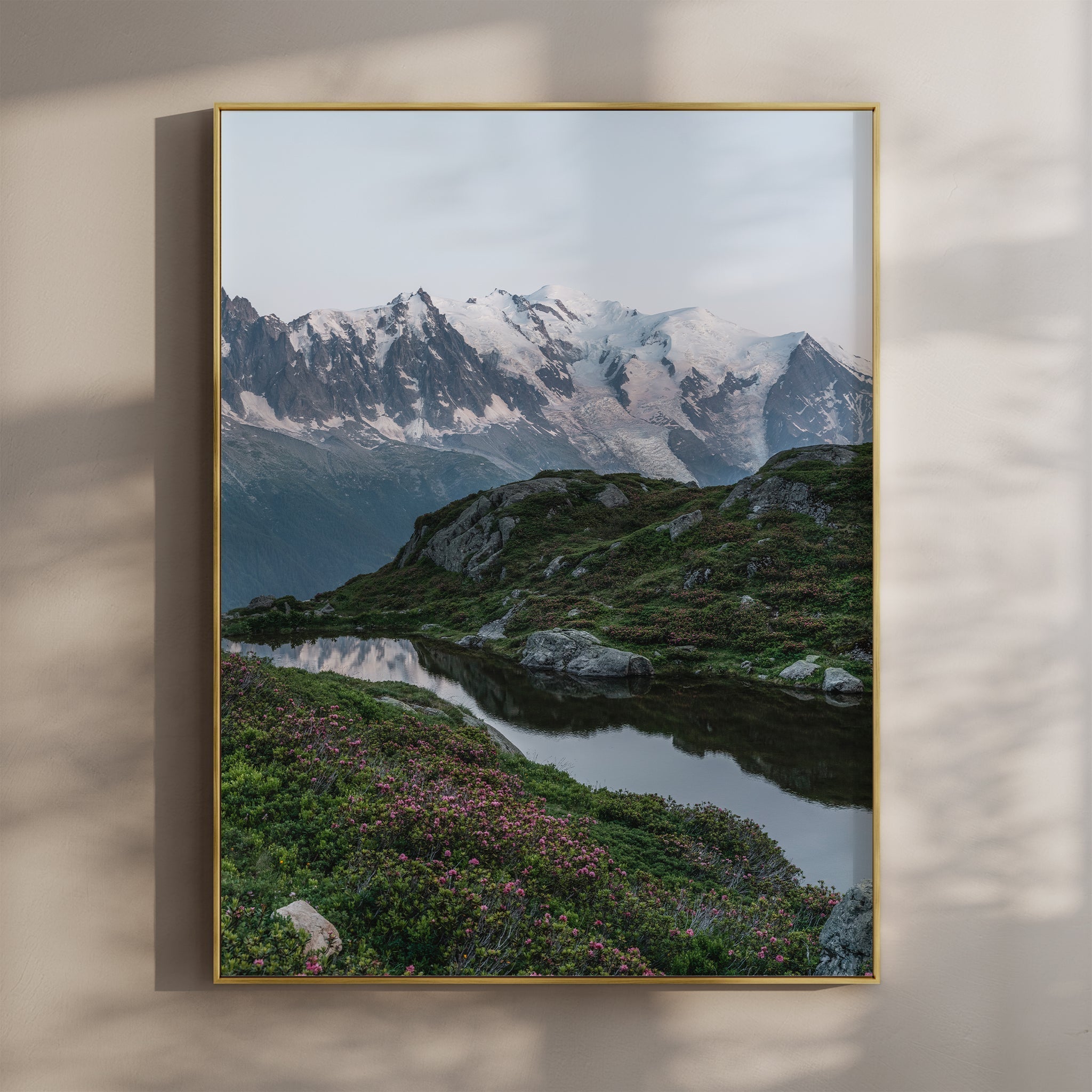 Lac de la Flégère Print – Mont Blanc Reflections with Wildflowers, Chamonix