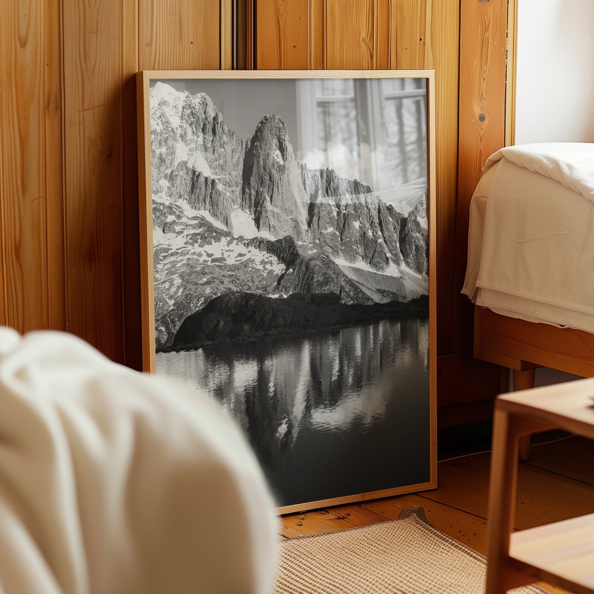 Les Drus Mountain Reflection | Black and White Chamonix Art Print