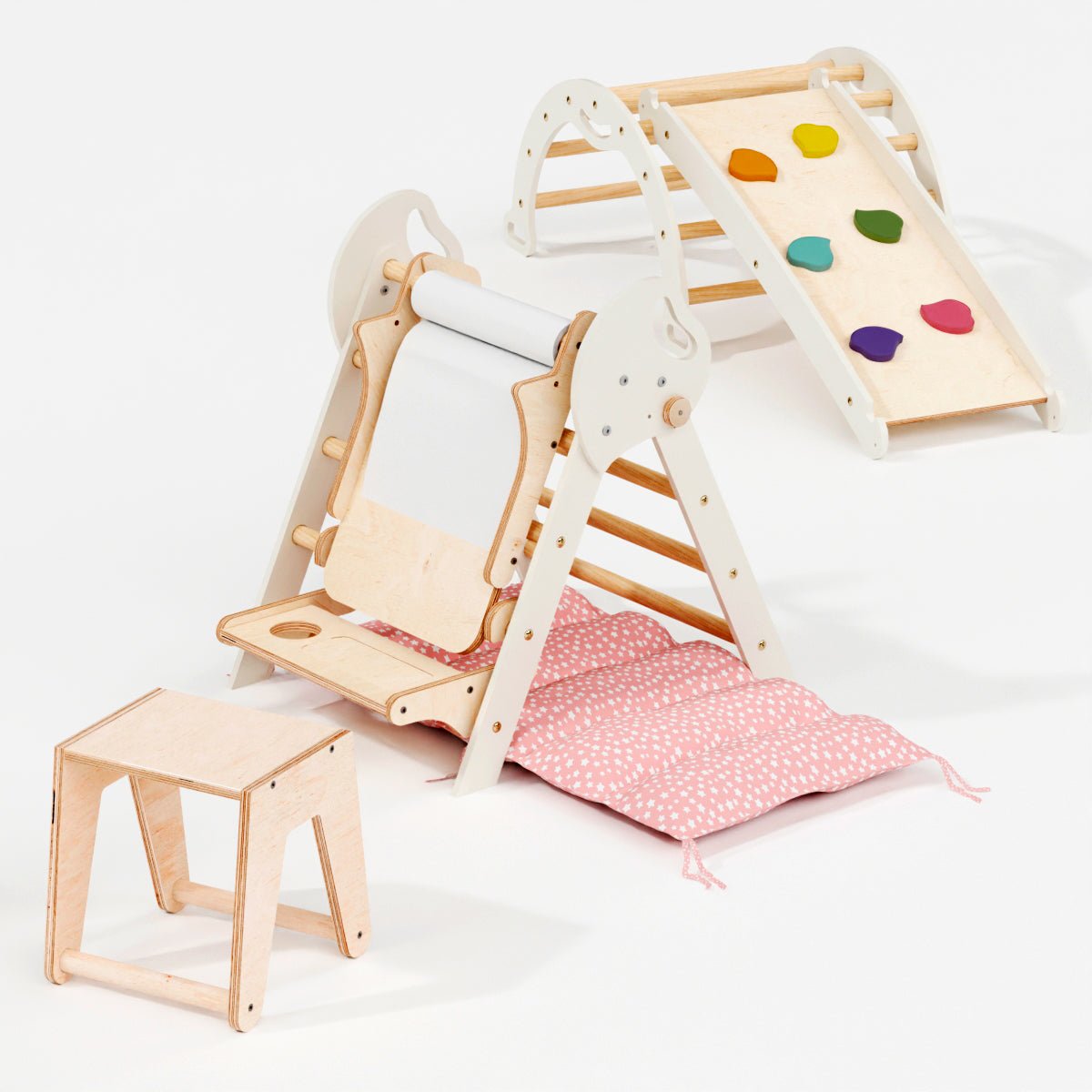 Montessori 4in1 Kletterdreieck für Babys: Pikler-Dreieck, Kletterbogen, Rutschbrett und Kissen für Kleinkinder (1–3 Jahre)