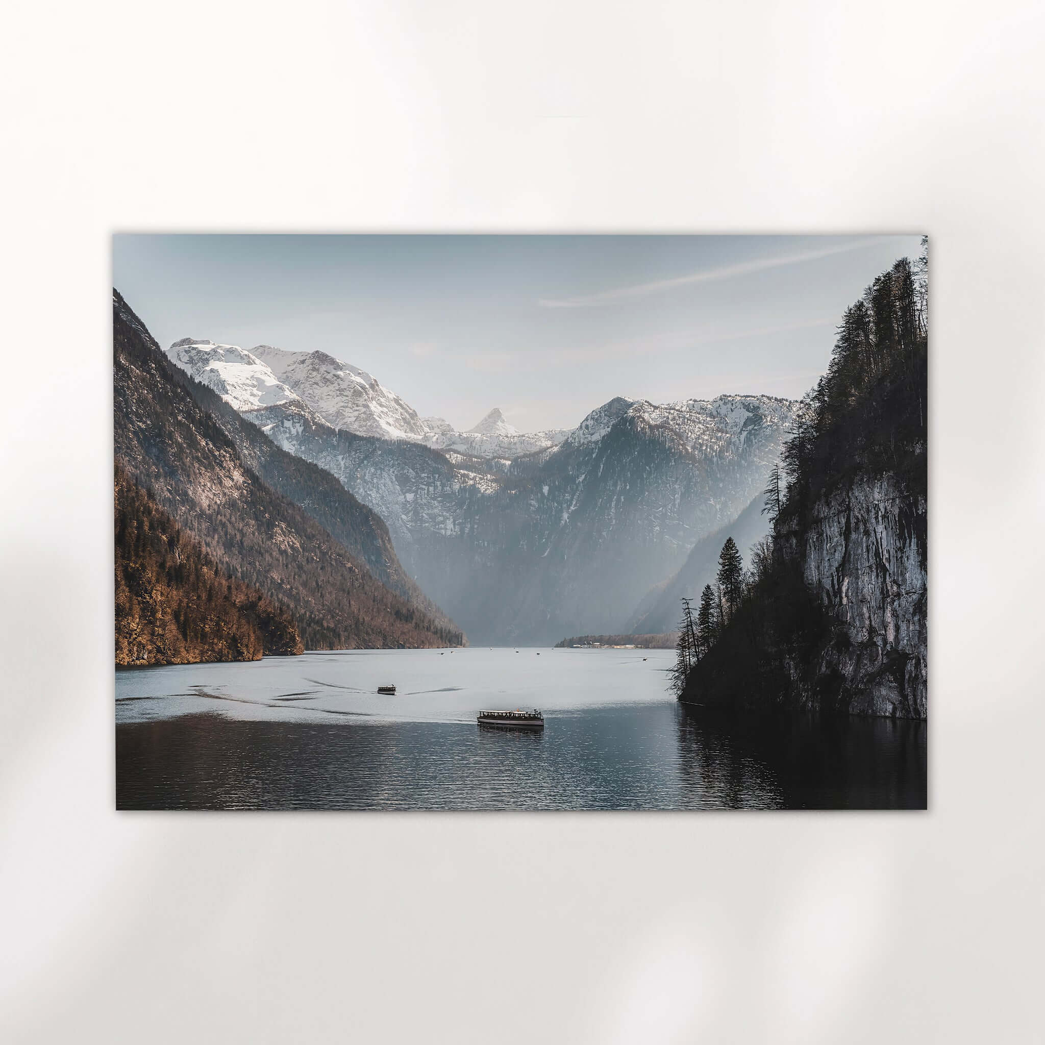Königssee Lake Print – Bavarian Alps Landscape with Boats and Cliffs