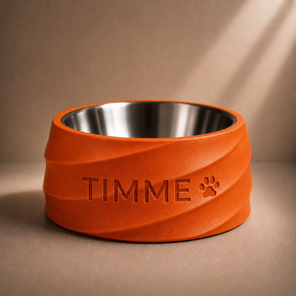 Schlapperwerk Hunde / Katzen Napf Modell Maiti in orange mit Edelstahl-Einsatz und Gravur.