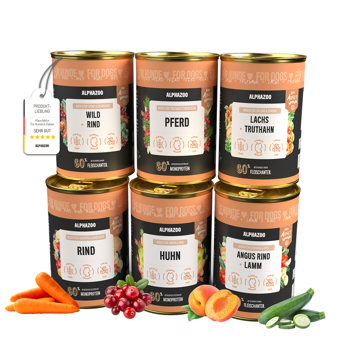 Probierschmaus Hund - 6er Bundle von alphazoo mit Premium-Nassfutter für Hunde, gesunde Sorten und frisches Gemüse.