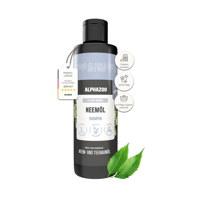Neemöl Shampoo für Hunde von alphazoo, 250ml, sanfte Pflege für empfindliche Haut, natürliche Inhaltsstoffe.
