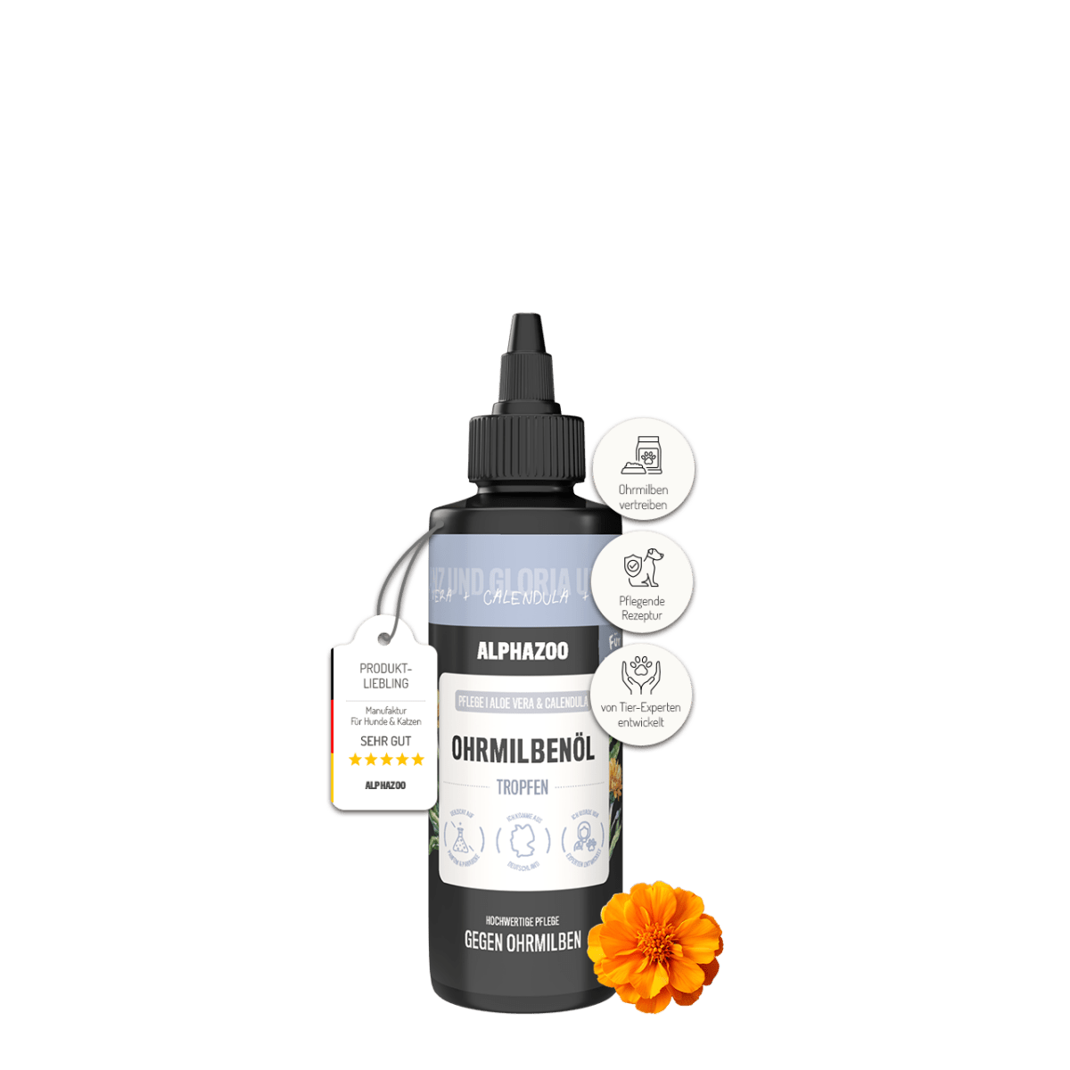Ohrmilbenöl für Hunde, 100ml Flasche, entwickelt für die Pflege gegen Ohrmilben, mit Aloe Vera und Calendula.
