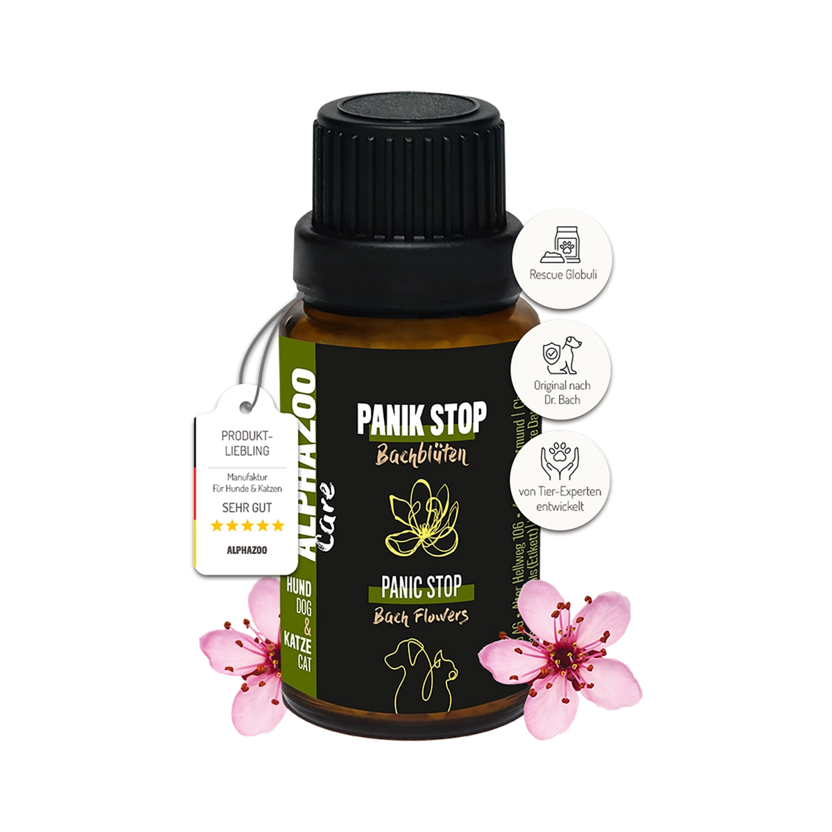 Panik Stop Bachblüten 15g Globuli für Hunde und Katzen zur Unterstützung bei Stress und Angst, mit Bachblütenessenzen.