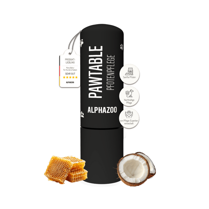 Pawtable Pfotenpflege für Hunde - alphazoo Pfotenstick in Verpackung mit Honigwabe und Kokosnuss, für empfindliche Pfoten.
