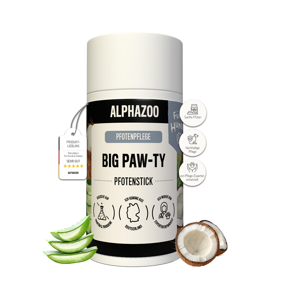Big Paw-ty Pfotenpflege für Hunde, 25g Pfotenstick mit natürlichem Kokosöl und Aloe Vera für empfindliche Hundepfoten.