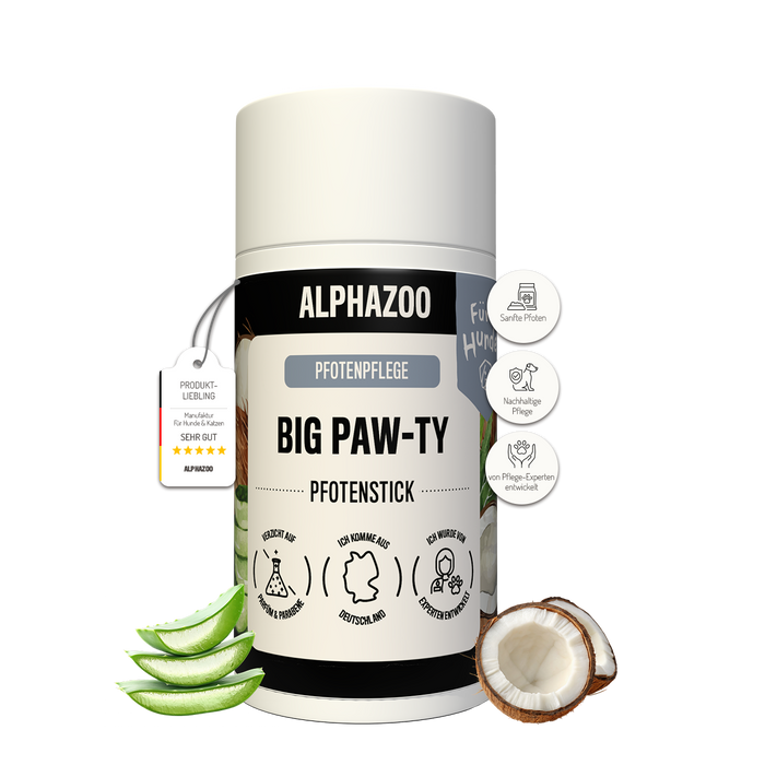 Big Paw-ty Pfotenpflege für Hunde, 25g Pfotenstick mit natürlichem Kokosöl und Aloe Vera für empfindliche Hundepfoten.