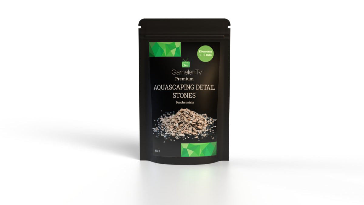 Premium Aquascaping Detail Stones "Drachenstein" 1 -2 mm packaging with detailed stones for aquascaping.