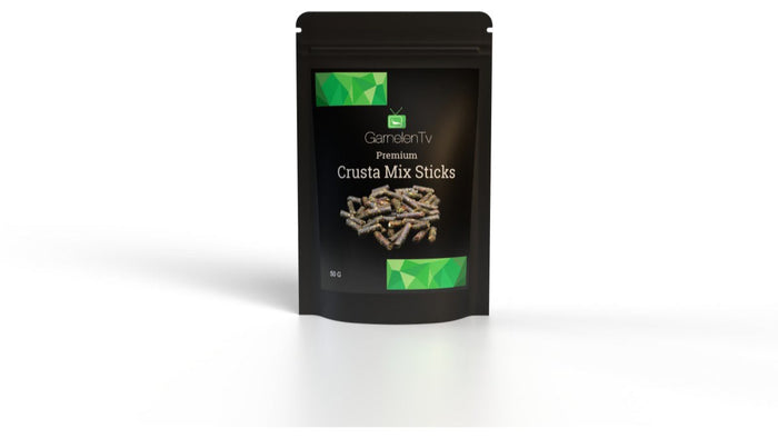 Premium Crusta Sticks packaging featuring high-quality mixture for aquatic pets and invertebrates.