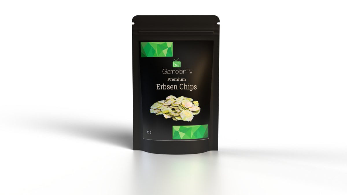 Premium Erbsen Chips 25g packaging with high-quality plant-based food for shrimp and invertebrates.