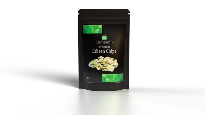 Premium Erbsen Chips 25g packaging with high-quality plant-based food for shrimp and invertebrates.