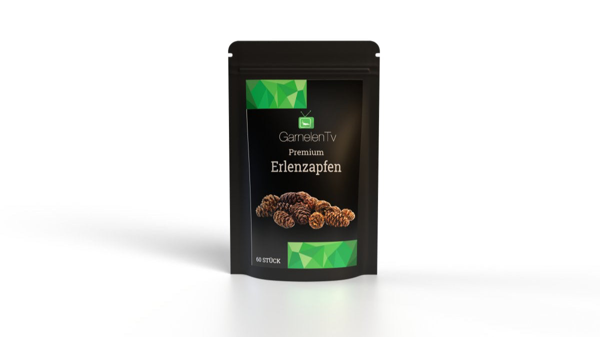 Verpackung von Premium Erlenzapfen für Aquarien mit Zwerggarnelen und Zierfischen.
