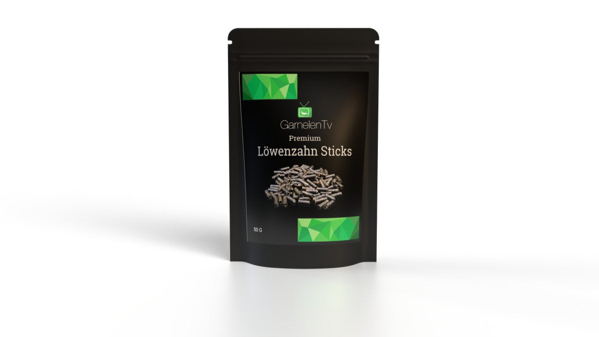 Premium Löwenzahn Sticks 50g - pflanzliches Ergänzungsfutter für Zwerggarnelen und Wirbellose im Aquarium.