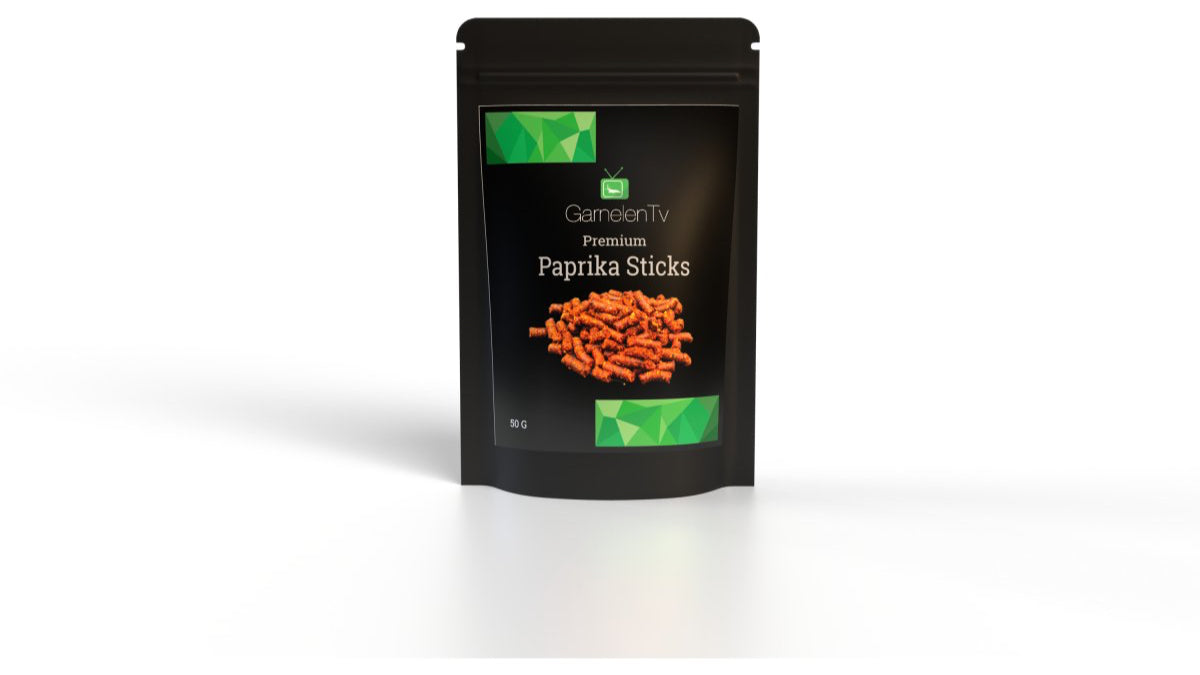 Premium Paprika Sticks 50g pack with vibrant orange sticks, perfect for aquatic pets like shrimp and crabs.