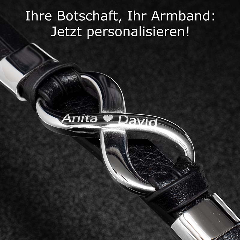 Infinity Silver Lederarmband Unisex Herren Gravierbar Echtes Rindsleder Edelstahl Besatz 19 21 23 cm Gratis Luxus Etui