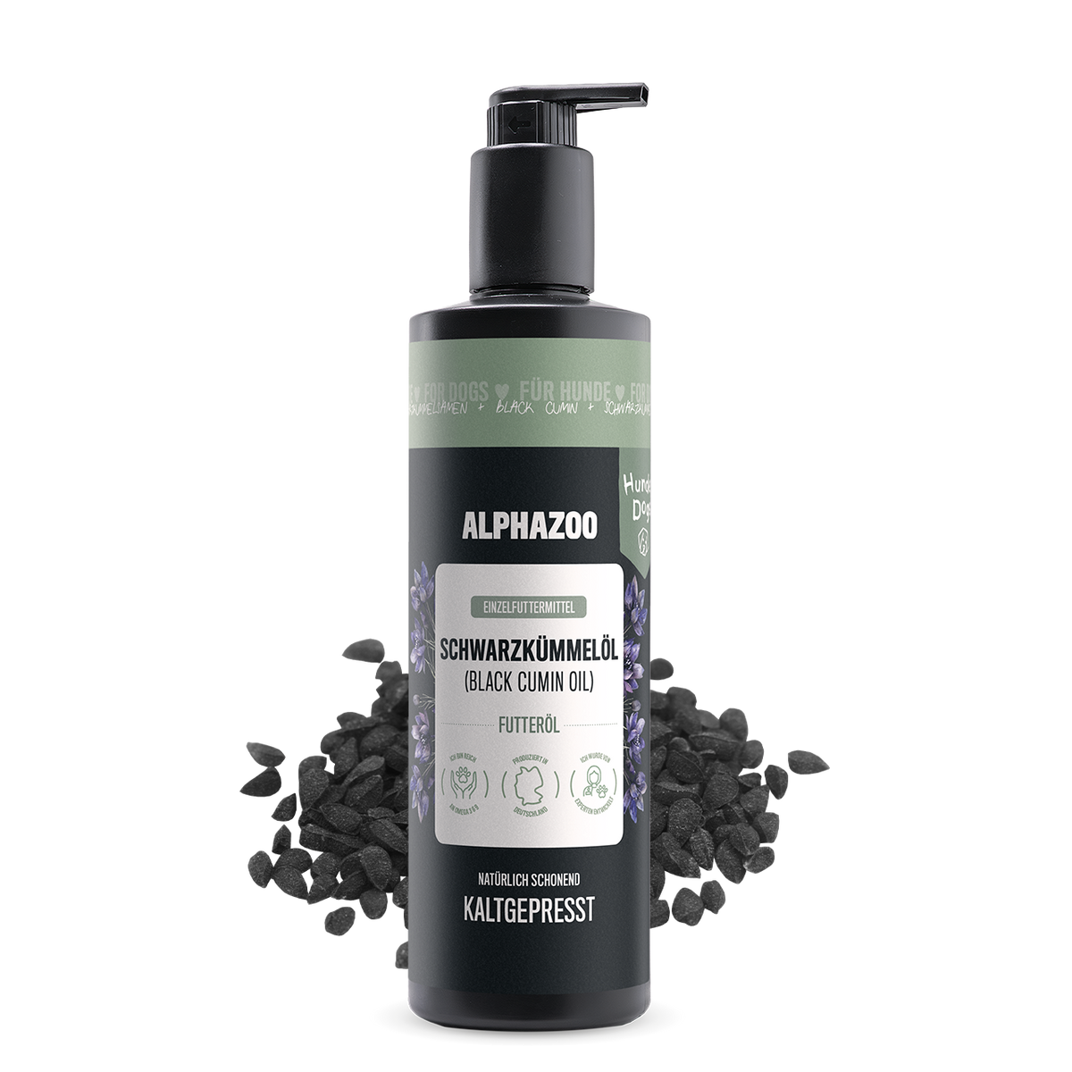 Schwarzkümmelöl für Hunde von alphazoo, 500ml Flasche mit kaltgepresstem Öl aus Nigella Sativa.